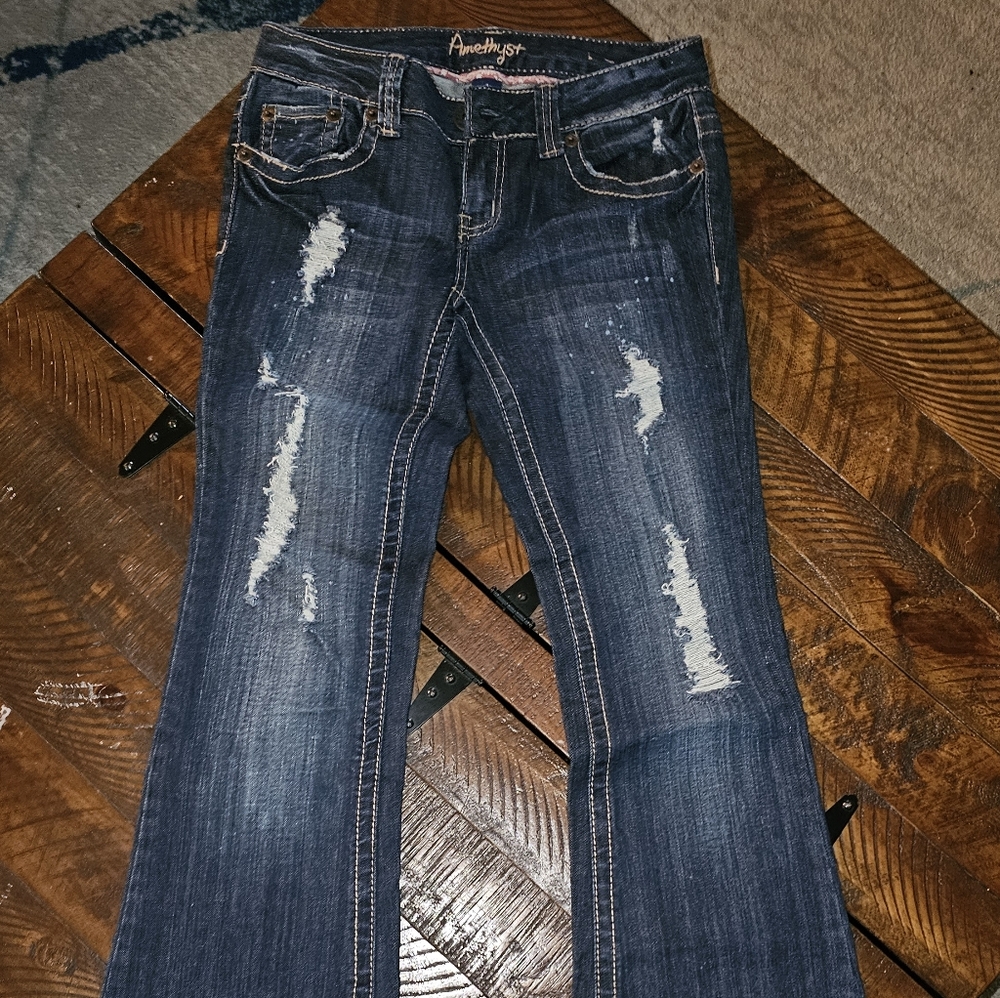 Amethyst Jeans Midnight Blue Flare with Distressed Accents